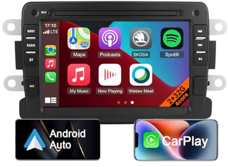 Android 13 Autoradio für Renault Dacia Duster Sandero Dokker mit CarPlay Android Auto, 7-Zoll-HD-Touchscreen Bluetooth GPS-Navigation Stereo FM RDS EQ MirrorLink Rückfahrkamera (4core 2GB+32GB)
