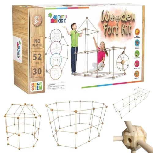 MIND KIDZ Kit de construcción de fuertes ecosostenible en madera con 82 piezas, tienda de campaña infantil montessori para niños de 3 a 9 años, STEM. Desarrollo de pensamiento creativo