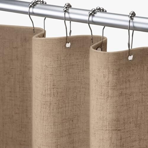 Awellife - Rideau de douche en lin texturé de style rustique, bohème, avec doublure en tissu - pour salle de bain - kaki (183 x 183 cm)
