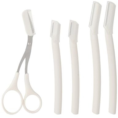 5 Piezas Cuchilla Cejas - Dermaplaning Facial - Cuchilla Facial Mujer - Perfilador de Cejas, 2 Mangos Largos, 2 Mangos Cortos y 1 Tijera de Cejas, Acero al Carbono, para Mujeres y Hombres