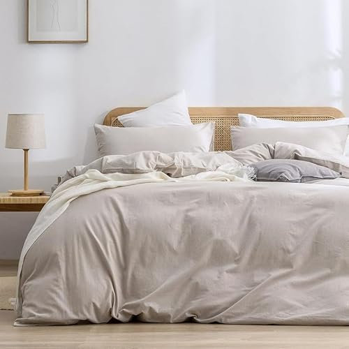Gezu Coton Sets de Housse de Couette 220x240cm Beige Lin Couleur Parure de Lit Haut Gamme Plissé Coton Adulte 2 Personnes Moderne Doux Linge de Lit avec 2Taies d'oreiller 65x65 Fermeture Éclair