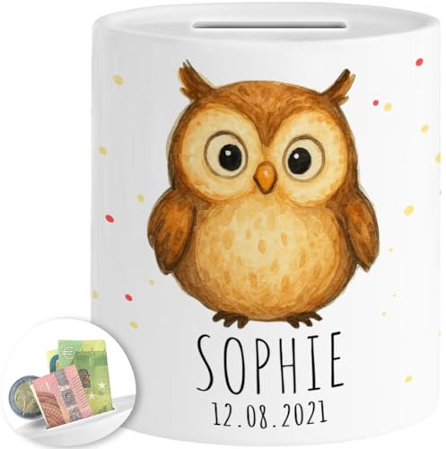 Tassenliebling® Spardose Eule personalisiert Name, Datum - Spardose Kinder mit Tiermotiv - Kinderspardose Mädchen Jungen - Sparschwein, Sparbüchse Geburtstag, Weihnachten, Geburt