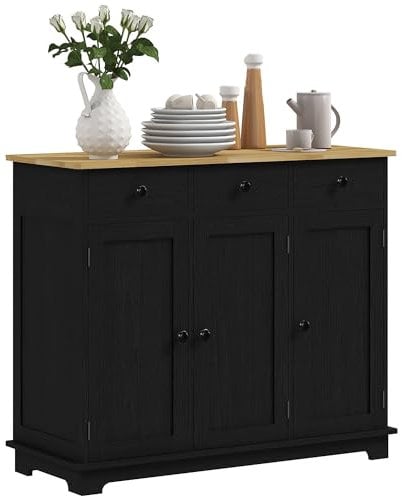 HOMCOM Sideboard with Rubber Wood Top, Modern Storage Cabinet, Kitchen Cupboard with 3 Doors, 3 Drawers and 3 Adjustable Shelves for Dining Room, Living Room, Black Wood-Effect