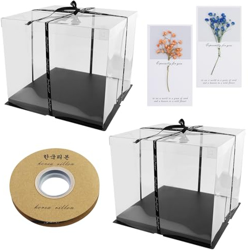 REBECCAGIBSON 2 Stück Schwarz Transparente Tortenbox, Wiederverwendbar Tortenbox mit Grußkarte,TortenschachtelTorte Geschenkbox Durchsichtig für Geburtstag Dessert