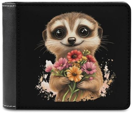 SMAZDFXX Schlanke Herren-Geldbörse mit zweifachem Aufdruck „Erdmännchen, süße Blumen, PU-Leder, mit 6 Kartenfächern, Geldklammer