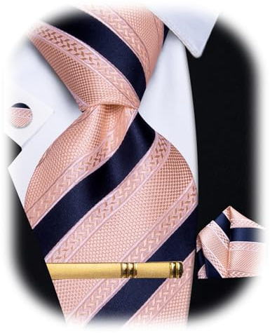 YourTies Cravatte di seta da uomo, motivo scozzese, motivo cachemire, con motivo floreale, gemelli quadrati e fermacravatta, set di fermacravatta per feste, Rosa blu a righe, Taglia unica