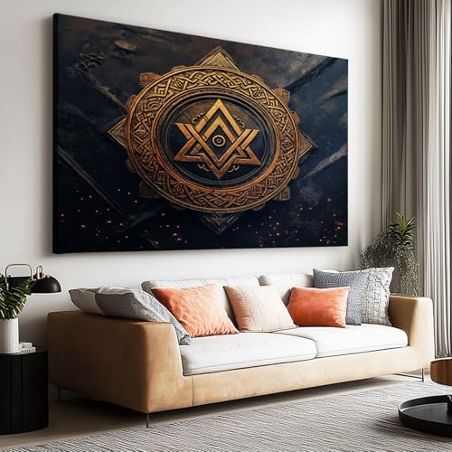 Leinwand-Wandkunst 160x80 cm ungerahmt- Vintage Wikinger Runen Schild Design Leinwandbild Kunstdruck Groß XXL für Wohnzimmer Schlafzimmer Wandbilder Canvas Desing Dekoration