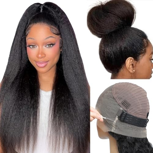 18 inch Kinky Straight Hidden Strap Invisi-Drawstring 220% Density 360 HD Full Lace Front Wigs Human Hair Pre Plucked Pre Cut Yaki 360 Frontal Glueless Wigs Human Hair Can make high ponytail&bun