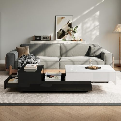 Merax Hochglanz Couchtisch 100 × 50 × 38 cm – moderner Wohnzimmertisch mit doppelter Schublade & halboffenem Stauraum – höhenverstellbarer Beistelltisch Couch/Wohnzimmer Möbel Coffee Table