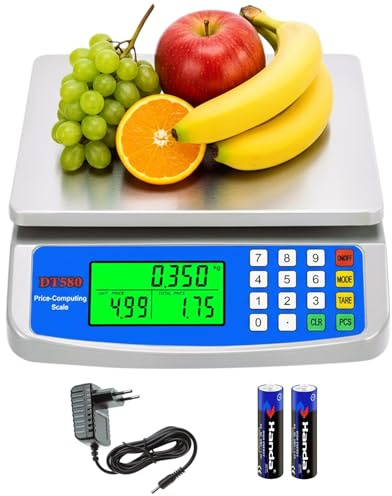 Bascula balanza Comercial para Pesar Fruta, verdura Peso 30kg Suma 2 en 1 bateria y corriente 220V inalambrica pantalla delantera LCD con PCS 5 Unidades G KG OZ LB ML Función Tara