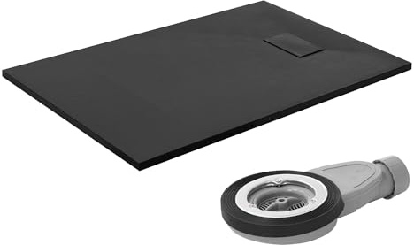 LuxeBath Duschwanne 120x80 cm Schwarz mit Ablaufgarnitur, Extra flache & robuste SMC Duschtasse, Rechteckige Brausewanne H:30 mm, Design Brausetasse Anti-Rutsch-Oberfläche in Schieferoptik mit Siphon