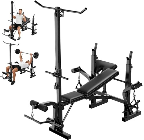 Koioplie 7-in-1 Hantelbank Kraftstation – Verstellbar, faltbar, mit Kniebeugenständer, Beinpresse, Preacher Locken, Butterfly-Armen & Latzug – Bis 900 kg belastbar – Für Ganzkörper-Workout zu Hause,