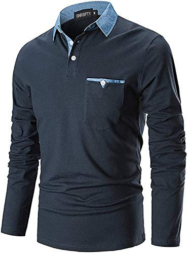GNRSPTY Poloshirt Herren Langarmshirt Basic Polohemd Denim Nähen Casual Baumwolle Golf Tennis T-Shirt,Blau,XXL