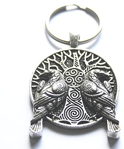 SWORLDesigns Yggdrasil Hugin Munin Wikinger Gott Odin Rabe Schlüsselanhänger mit Geschenkbeutel (Durchmesser 3,5 cm)