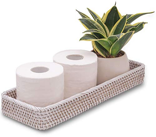 CELEZAR Rattan Toilet Tank Basket Guest Towel Napkin Woven Holder for Serving Organizing Bread Shelves Bathroom Counter Organizers and Storage Decorative Wicker Tray (17 x 6 x 2 inches, White Wash)