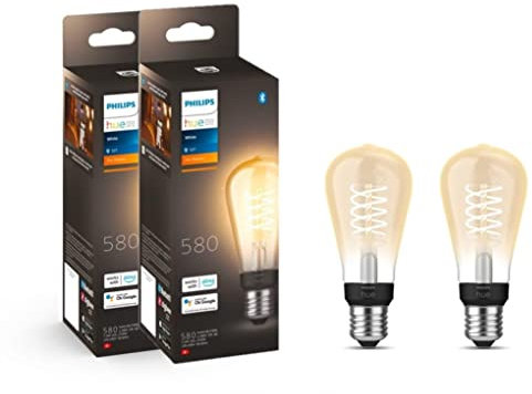 Philips Hue White Filament WxW Fil ST64 E27 EUR (lot de 2) E27 compatible Bluetooth, format Edison, fonctionne avec Alexa, Google Assistant et Apple Homekit