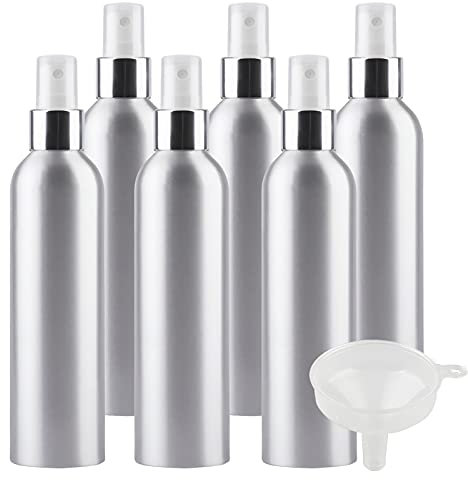 TIANZD 6 Piezas Pequeño 250 ml botella de spray pulverizador Botella de Aluminio Plata con Bomba en Blanco/Plata Niebla Fina Atomizador para Perfume Viaje Artículos de Agua Cosmético con Embudo