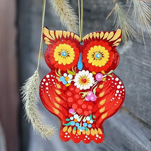 Eule-Weihnachtsschmuck aus Holz 9.5 х 6.5 х 0.5 cm Traditionell Handbemalt in der Ukraine, Einzigartiger Christbaumschmuck Tiere Vögel Folk Art Handgemachte Weihnachtsdekoration