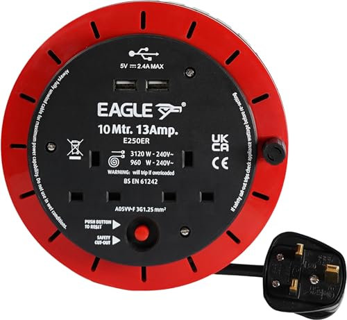 Eagle Cassette Style Cable Mains Extension Reel13A with 2 USB and 2 UK 13Amp Outlets, Overload Protection for Safety, Compact Design (10 Metre)