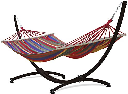 Potenza Outdoor Hängematte mit Gestell für 2 Personen I Stabhängematte XXL 220x160, 200kg I Hängemattengestell 220kg Wetterfest (Rot, Gestell Braun)