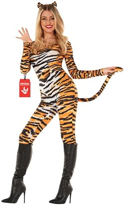 Morph Tiger Kostüm Damen, Tierisches Halloween Kostüm Damen, L | Bodysuit mit Schwanz & Haarreif, Oranger Tiger-Print, Zum Überziehen, Perfekt für Halloween, Ideal zum Verkleiden