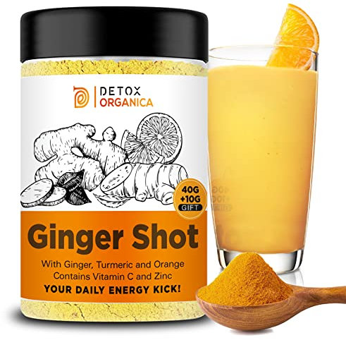 Ginger Shots-60 Servings-Ginger and Turmeric Shot Powder-Drink Supplement with Vitamin C and Zinc-Natural Ingredients, No Added Sugar-Mix with Water, Juice or Tea