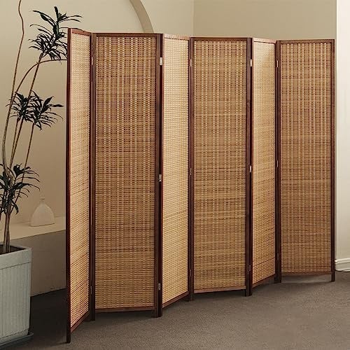 Furnnylane 6 Panel Bamboo Room Divider - 5.6 ft Tall Folding Privacy Screen for Room Separation, Natural Brown Freestanding Partition Wall for Home Office (67 H x 92.1 W)