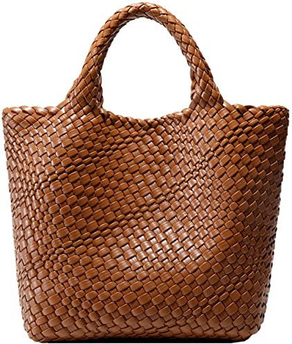 Queenoris Gewebte Tasche für Damen, veganes Leder, Tragetasche, groß, Sommer, Strand, Reisen, Handtasche und Geldbörse, Retro, handgefertigte Umhängetasche, Braun, Large