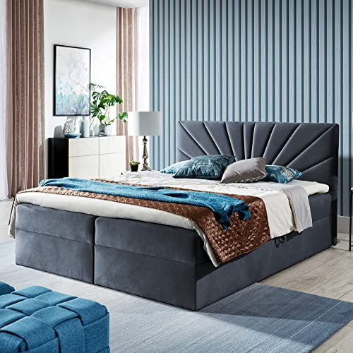 Boxspringbett Doppelbett TEO - Bett mit Bonellmatratze, mit Bettkasten für Bettwäsche und Topper. Gepolsterte Kopfstütze in 3 verschiedenen Varianten (Anthrazit, 160x200 TEO 2)