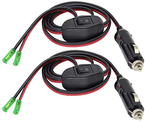 AAOTOKK(2-Stücke 12 Volt Feuerzeug Stecker Adapter mit LED Licht und 16AWG Kabel für Zigarette Stecker Akku Ladegerät Kit mit Sicherung und Schalter(1Meter/3Fuß Leads)