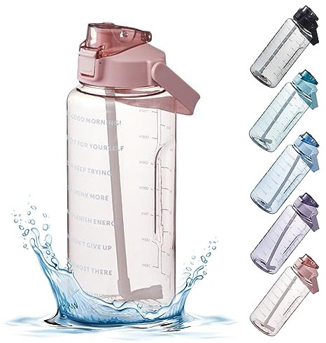 bolukets 2L Sport Trinkflasche mit Zeitmarkierung/Strohhalm/Griff,BPA-frei Wasserflasche Auslaufsicher Kunststoff Sportflasche für Uni, Sport, Fitness, Fahrrad, Outdoor,Camping, Yoga(pink)
