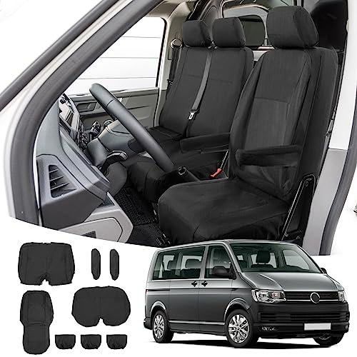 Opaltool 8PC Autositzbezüge Set für VW Transporter T5 T6 2015-2022, 3-Sitzer Strapazierfähige Maßgeschneiderte Sitzbezüge Auto Wordersitze Schwarze Compatible Airbag, Fahrer und Beifahrer Doppelsitze