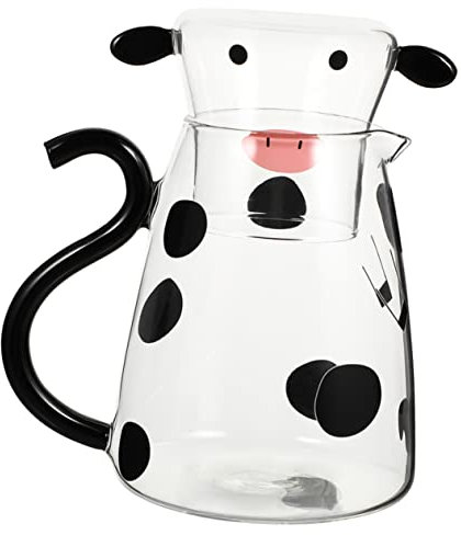 Cabilock Jarra De Agua Fría De Transparente Diseño De Vaca De Dibujos Animados Bonita Jarra y Taza De Vidrio Hogar Para Almacenar Agua o Leche