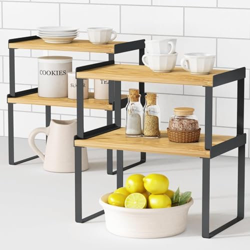 Goozii Kitchen Cabinet Organizer Shelves Set of 4, Expandable Counter Shelf Rack for Plate Dish Cup Mug Spice, Stackable Shelf Riser for Pantry Cupboard Desk Top Corner Storage (Bamboo, Black)