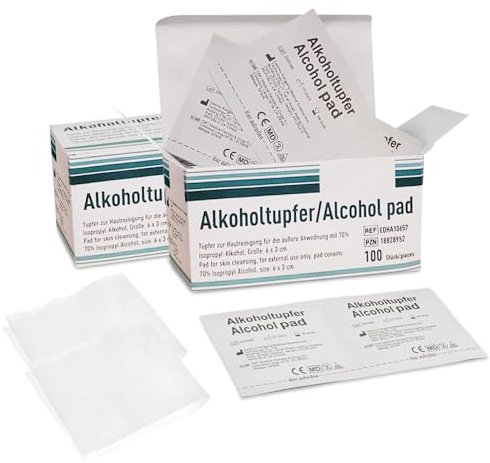 Hygiene100 Alkohol-Vorbereitungspads, 70% Isopropylalkohol, 200 Stück, Erste-Hilfe-Alkoholtupfer, einzeln verpackt, Alkoholtupfer für allgemeine Reinigung, 2-lagig, chirurgische Alkoholtupfer
