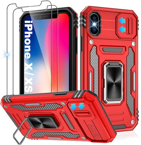 Jshru for iPhone X Case with Screen Protector [2 Pack] and Slide Camera Cover,Shockproof iPhone XS Case,Ring Kickstand Phone Cover for iPhone X/XS,Red