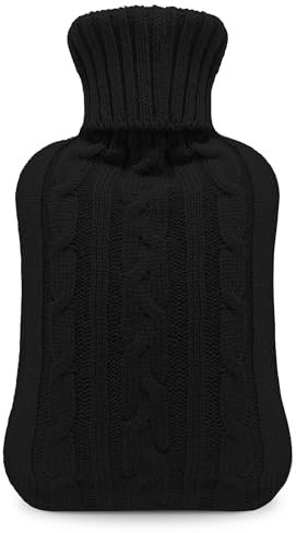 KEPLIN Cosy Hot Water Bottle with Knitted Cover - Relieves Body Aches & Pains, Washable Safe & Durable Heating Pad - Ideal Cosy Nights & Gifts - Large 2L (Black)