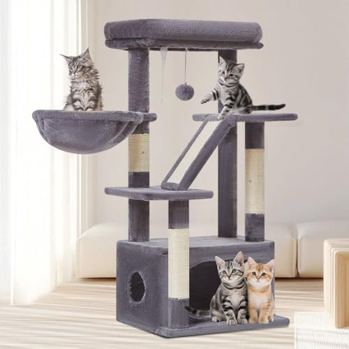 Taoqimiao Cat Tree, 98cm Cat Tower for Indoor Cats, Small Cat Tree | Cat Tree for indoor Cats with Cat Condo, Adjustable Basket and Luxurious Perch, Smoke Grey MS029SG