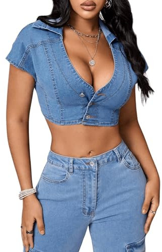 Floerns Women's Deep V Neck Short Sleeve Collar Button Front Cropped Denim Jacket Blue XX-Large