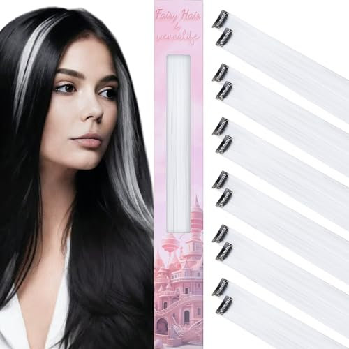 WENNALIFE 12 Stück Weiß Haarsträhnen Zum Einklipsen Haarsträhnen Kinder, Clip in Haar Extensions Bunte Haarsträhnen Kinder Haare zum Einflechten Mädchen Gerade Party Haarverlängerungen Zubehör