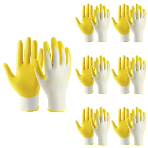 HANDLANDY 6 Pairs Gardening Gloves for Women Latex Free, Breathable Nitrile Coated Secure Grip Garden Gloves Yard Work Gloves (Yellow, M)