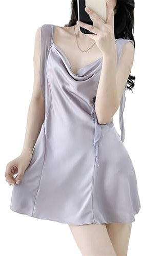 RWGSNB 2 Piezas De Bata Corta De Satén para Mujer Elegante Conjunto De Camisones con Cuello Vuelto Mangas 3/4 Kimono Ligero Vestido Lencero Camisón De Novia Bata Lila XS