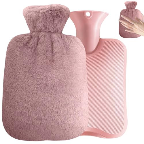 Lunriwis Wärmflasche mit weichem Bezug, 2 L Wärmbeutel Bettflasche mit Flauschiger Plüsch, Wärmflaschen zur Behandlung von Schmerzen & Fieber,Wärmflasche für Nacken und Schulter, Rücken, Beine(rosa)