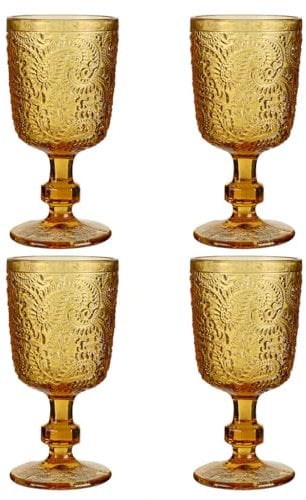 Wine Glasses Set of 4 Multicolour Drinking Glasses with Vintage Style Paisley Embossed Finish 300ml Dishwasher Safe Alfresco Dining Table Glassware (Amber)