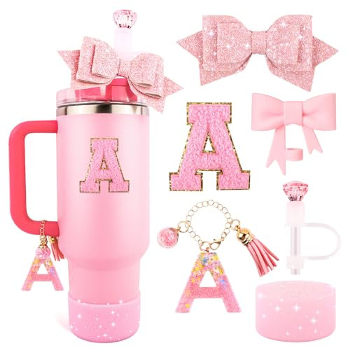 Pink Cup Accessories Set for Stanley 30OZ & 40OZ Tumbler with Handle, Letter Charms, Bow & Diamond Straw Covers, Glitter Silicone Boot, Personalized Sticker for Stanley Cup Accessories (A)
