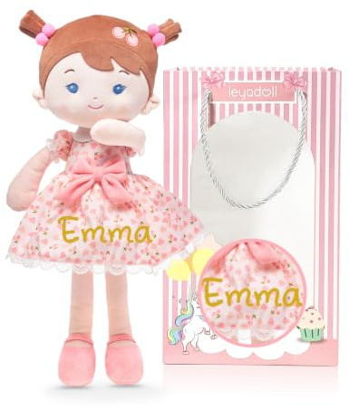 LeyaDoll Poupée en tissu doux personnalisé (40 cm) - Poupée en peluche lavable, ma première poupée bébé pour fille de 1 an, cadeau d'anniversaire et de baptême, cadeau pour bébé - Fille cerise