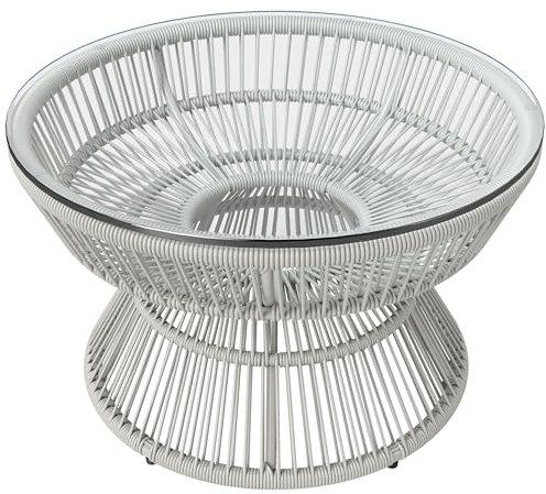 Outsunny Runder Garten-Couchtisch, Beistelltisch aus Harz in Rattan-Optik und Hartglasplatte Ø60 x 37H cm hellgrau