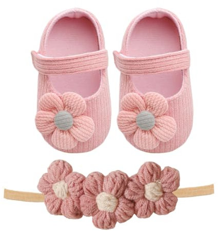 Conjunto de 2 zapatos para bebé de 0 a 18 meses, diadema para bebé, regalo de bautizo, zapatos antideslizantes con suela suave y flores, accesorios para recién nacidos. Zapatos y diadema para bebé