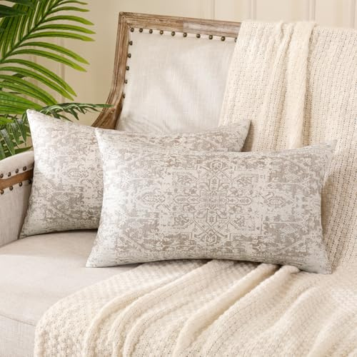 Miuyunya 2er Set Ethno Kissenbezug Beige Creme 50x30 Boho Kissenbezüge Sofakissen Doppelseitiges Muster Böhmische Dekorative Kissen Orientalisch Kissenhülle Dekorative für Sommer Garten Sofa