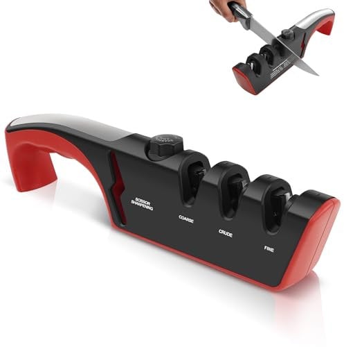 Vonsera Messerschärfer, 4-in-1Messerschleifer mit 3 Stufen und Scherenschärfer, 6 Gänge Einstellbarer Winkel für Diverse Messer